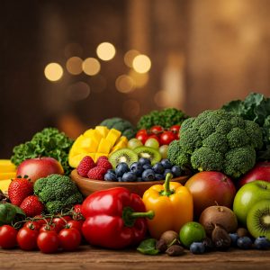 Arrangement of fresh vegan fruit and vegetables.