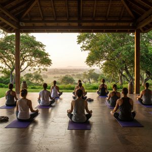yoga students in lotus-position