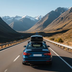 Car with roof box on long road in a mountainous area